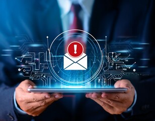 email phishing alert concept showing hand using tablet with warning symbol spam message online scam fraud detection internet security risk cybersecurity threat and digital data protection