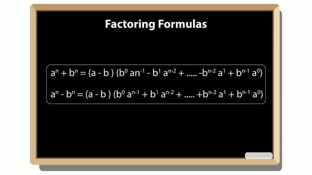 Factoring formulas shown on a blackboard with mathematical equations and a piece of chalk below