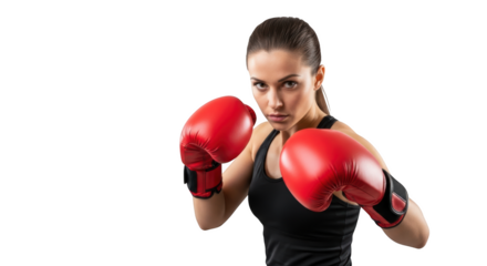 Determined woman in boxing gloves ready to fight isolated on transparent background