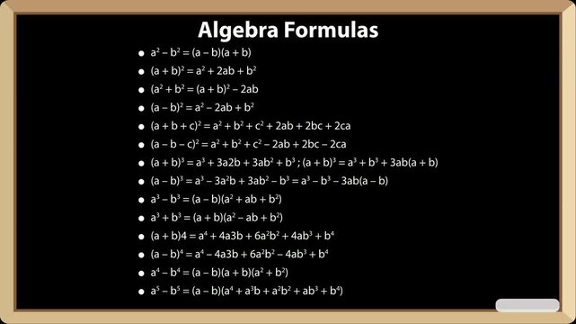 Algebraic formulas displayed on a chalkboard with a wooden frame and a black background
