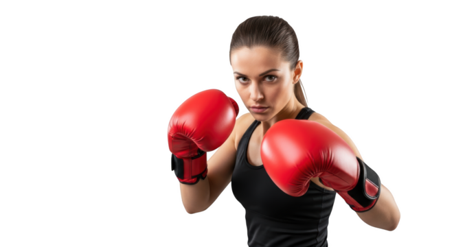 Determined woman in boxing gloves ready to fight isolated on transparent background