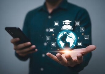 Man holding phone with digital globe and education icons floating above his outstretched hand