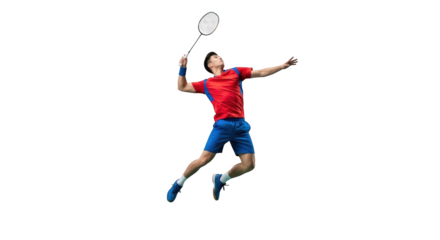 Dynamic badminton player in mid air strike isolated on transparent background