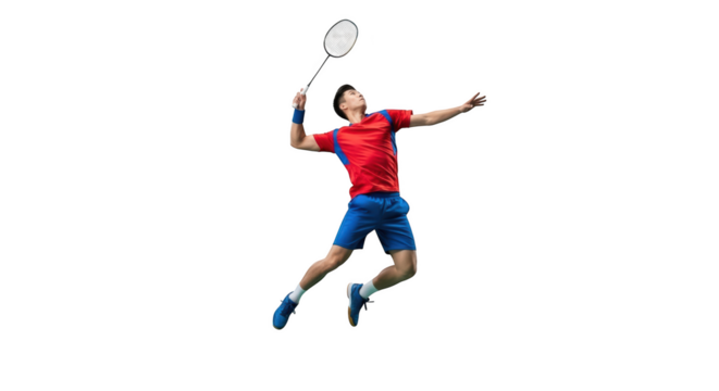 Dynamic badminton player in mid air strike isolated on transparent background