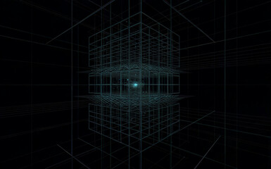 Obraz premium Futuristic 3D Wireframe Grid with a Glowing Core in Virtual Space