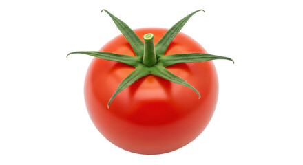Isolated ripe red tomato fruit with green stem, for use in healthy recipes and nutrition guides