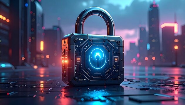 Glowing Digital Padlock Symbolizing Network Security in a Future City. - Powered by Adobe
