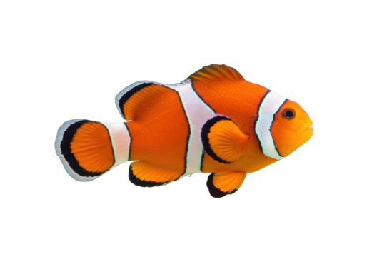 Isolated vibrant orange clownfish swimming sideways, with black-and-white markings, in aquatic setting