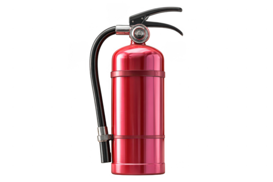 Red fire extinguisher isolated on a transparent background with a hose and nozzle