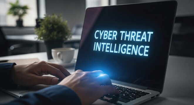 Person using laptop with Cyber Threat Intelligence on screen