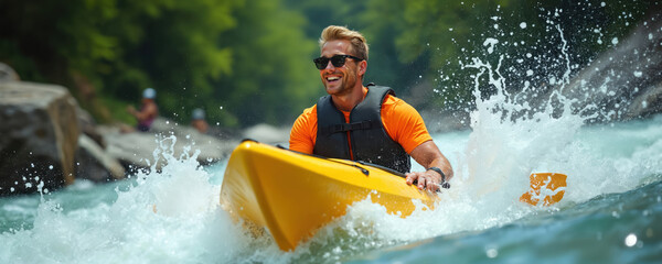 Joyful man paddles kayak on rapid river. Male kayaker smiles during water sport adventure. Athlete wears sunglasses and life vest. Whitewater kayaking outdoor recreation activity.