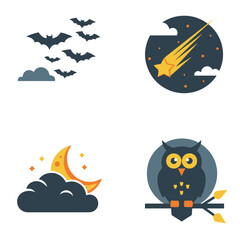 A collection of four flat design icons representing nocturnal themes and Halloween imagery.