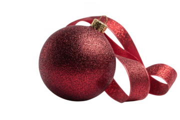 Sparkling red christmas ornament with a festive ribbon against a transparent background