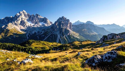 Majestic Mountain Range Under Clear Blue Sky with Alpine Meadow and Sparse Vegetation in Sunlight Landscape Scenic Outdoor Natural Beauty
