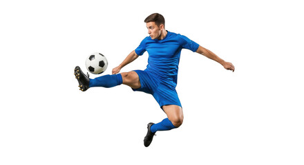 Energetic soccer player kicking ball with dynamic action isolated on transparent background