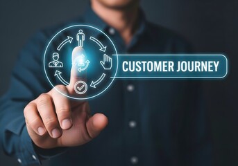 Man touching customer journey interface with icons and text on a dark background image