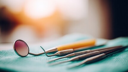 Dental tools on blue cloth surface at clinic