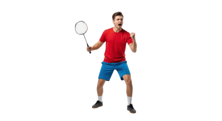 Excited badminton player celebrating victory with racket and raised fist isolated on transparent background