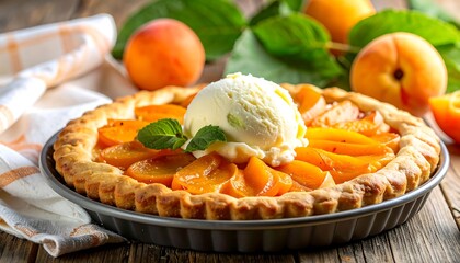 Delicious Peach Pie with Ice Cream and Fresh Apricots.