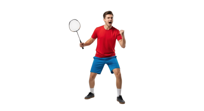 Excited badminton player celebrating victory with racket and raised fist isolated on transparent background - Powered by Adobe