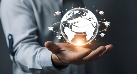 Person holding a globe with graduation caps orbiting it representing global education accessibly