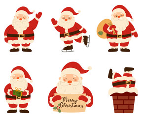 Cute flat style illustration set of Santa Claus in various poses: waving, ice skating, carrying gifts, holding a present, holding a Merry Christmas sign, and stuck in a chimney perfect for holiday