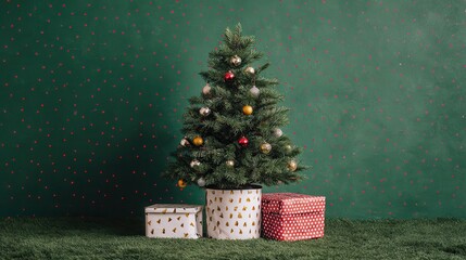 Small Christmas tree with festive gifts on green background