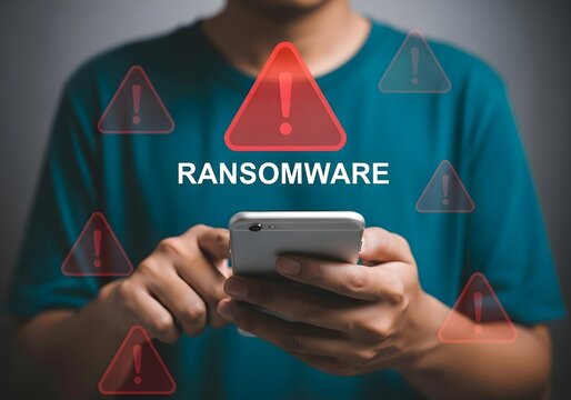 Person holding smartphone with ransomware warning and red alert triangles displayed around them