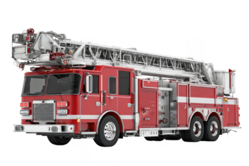 Modern red fire truck with extendable ladder on transparent background