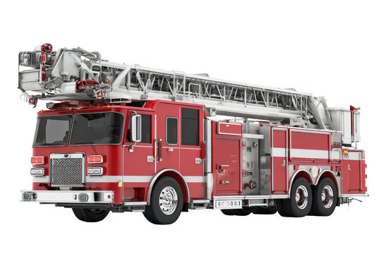 Modern red fire truck with extendable ladder on transparent background
