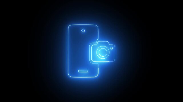 Phone camera icon neon glowing light effect animation .4k loop icon video 