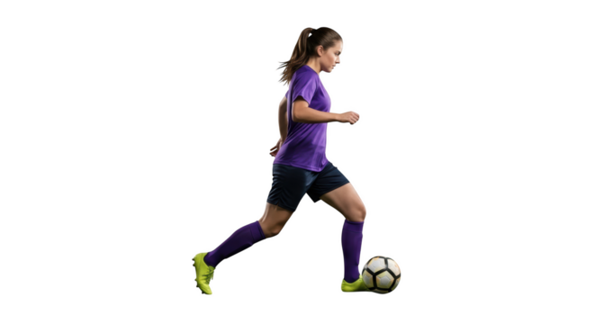 Female soccer player kicking the ball in action isolated on transparent background
