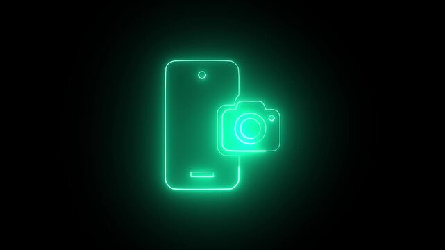 Phone camera icon neon glowing light effect animation .4k loop icon video 