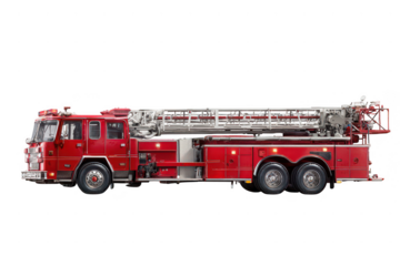 Bright red fire truck with extended ladder against a transparent background