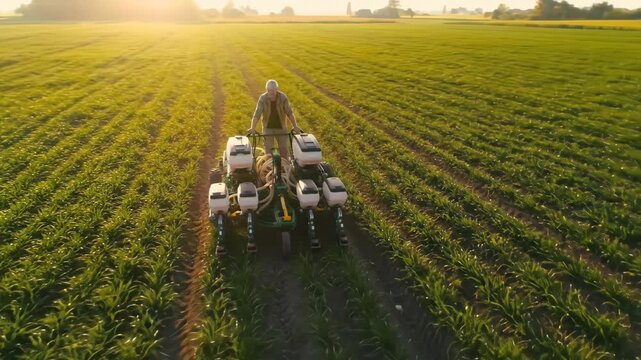 Farmer using seeder machine for sowing in field at sunset time
