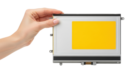 Isolated laptop screen panel held by a person's hand ready to be assembled for repair