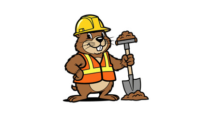 Naklejka premium Cartoon beaver construction worker with yellow hard hat and shovel ready for digging