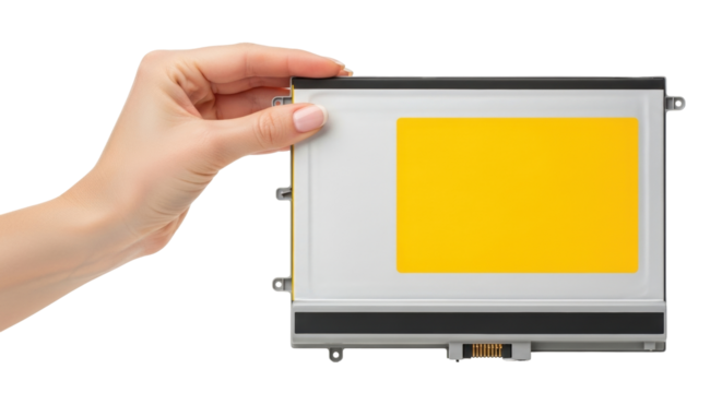 Isolated laptop screen panel held by a person's hand ready to be assembled for repair