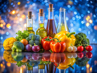 A still life arrangement of fresh vegetables and bottles of oil and vinegar on a reflective surface with a bokeh background of blue and gold lights
