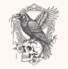 Ornate Vector Illustration of Raven Bird on Skull with Frame Vintage Tattoo Style