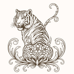 Elegant Tiger Vector Illustration with Floral Ornament in Vintage Style Line Art Design