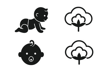 Baby and cotton icon set. Crawling infant, baby face with pacifier. Natural organic cotton plant symbol for textiles and fabric. Vector illustration for baby care products.