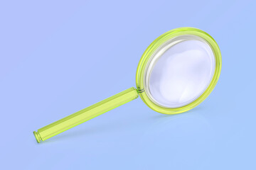 Magnifying glass with green plastic frame on shiny light blue background