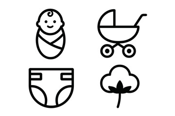 Baby care outline icon set. Newborn swaddle, stroller, diaper, cotton. Simple line symbols for childcare, infancy, baby products. Vector graphic objects isolated on white.