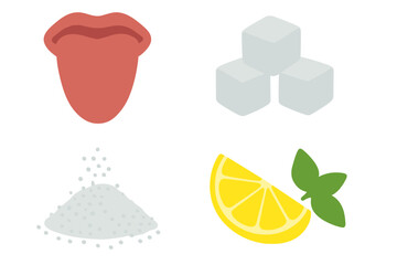 Taste buds on tongue icon set. Sweet, sour, salty flavor concepts. Sugar cubes, salt pile, lemon slice, and mint leaf vector illustration. Food seasoning and sensory perception.