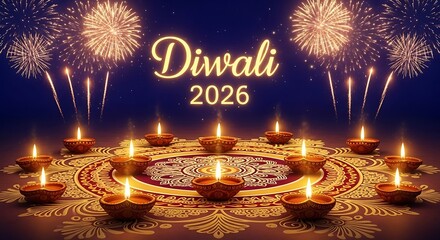 Vibrant diwali 2026 celebration with diyas rangoli and festive fireworks display