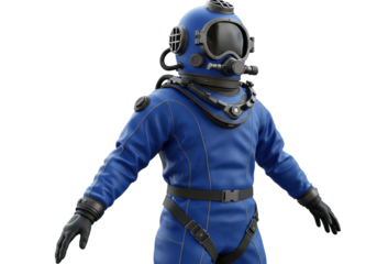 Isolated retro style diving suit with helmet, deep sea professional equipment, underwater wear