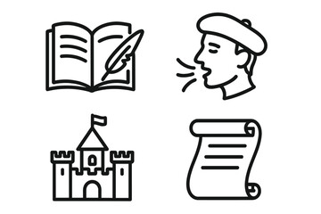 Storytelling and history icon set. Vector icons of a book, quill, poet, castle, and scroll for literature, education, and fairy tales. Narration and writing concept.