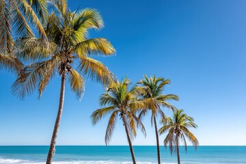 Fototapeta premium Sunny beach scene with palm trees and clear blue ocean on a bright day in a tropical paradise