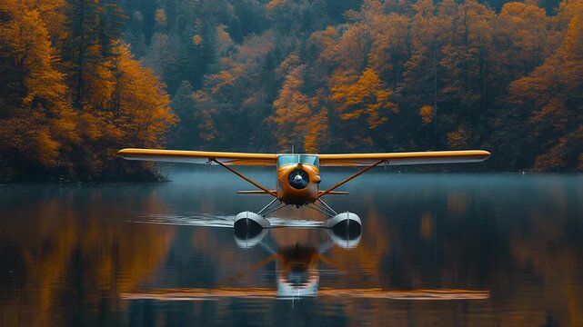 Yellow Seaplane Resting on a Calm Autumn Lake with Forest Reflection.